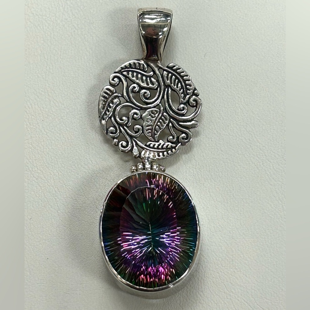 925 Sterling silver mystic topaz / unicorn stone drop style necklace pendant